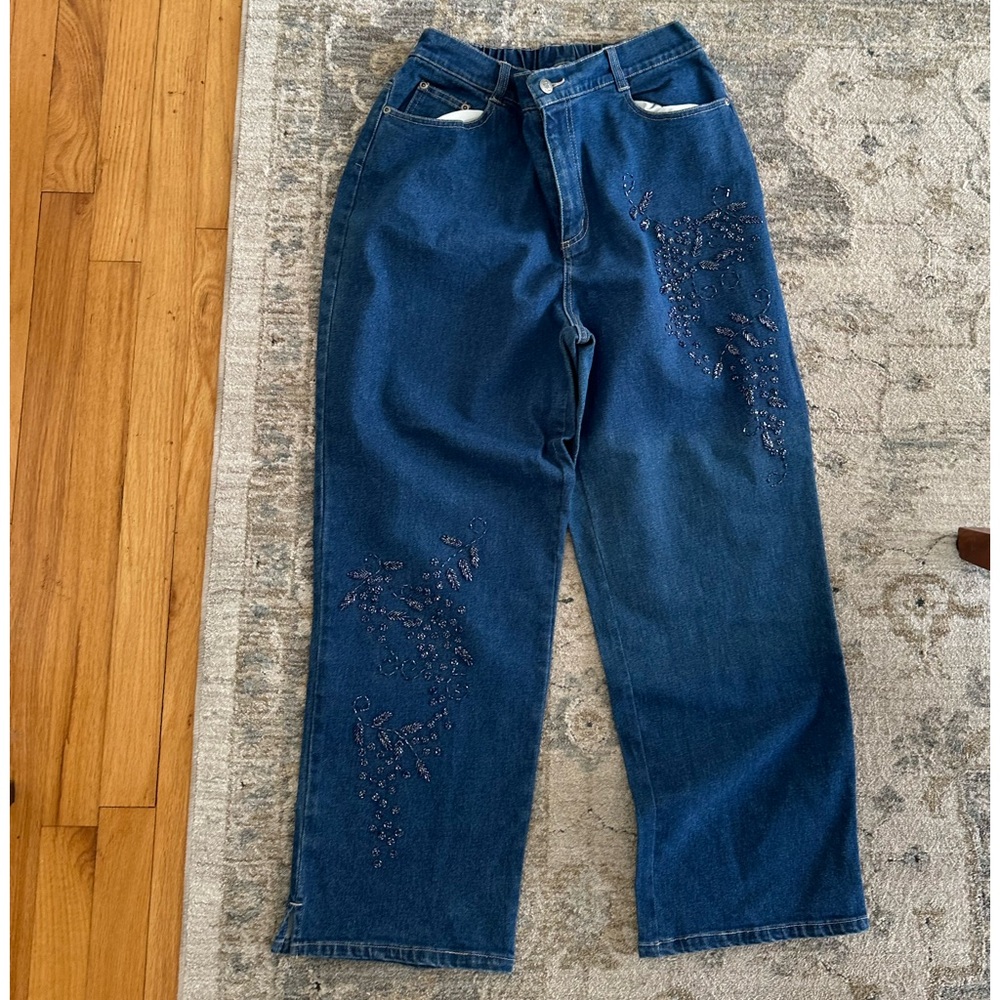 Quacker Factory Dark Blue Embellished Boyfriend Jeans